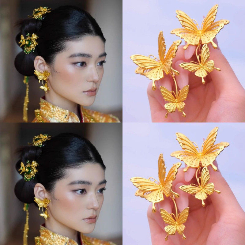 新娘结婚百搭耳环金色蝴蝶耳夹女款设计感秀禾服龙凤褂喜庆女配饰