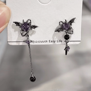 暗黑银针复古恶魔耳钉高级一对甜酷时尚翅膀个性小众耳饰耳环新款