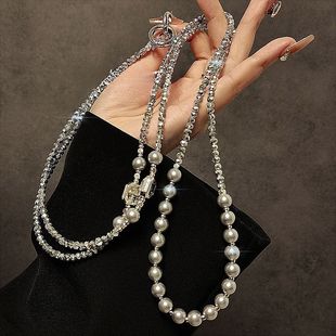 奢华高级感银灰水晶珍珠手工串珠长斜挎挂绳链条手机壳包包通用女