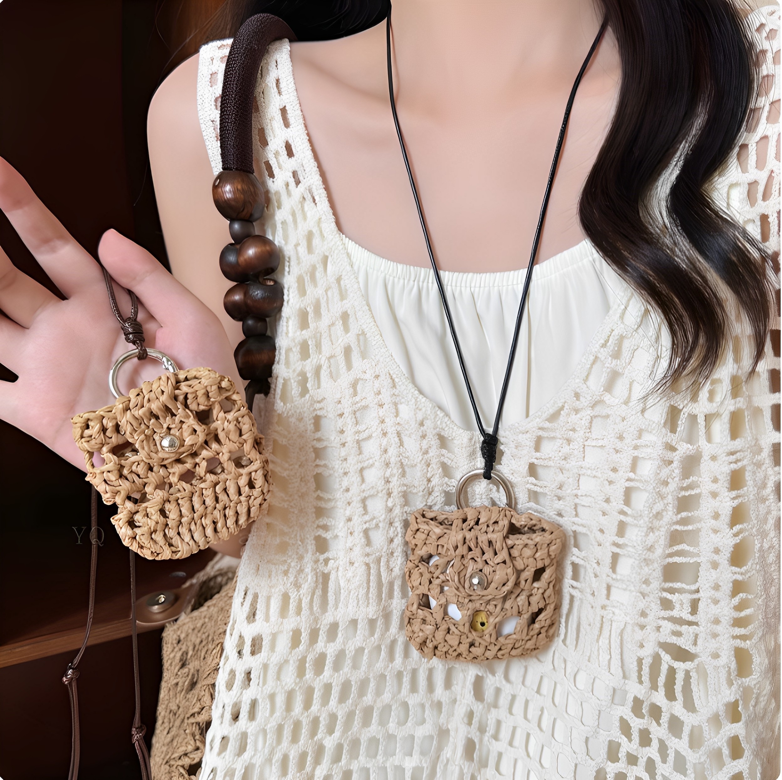 多用款!韩系手工编织长项链耳机包零钱包实用百搭小众长款毛衣链