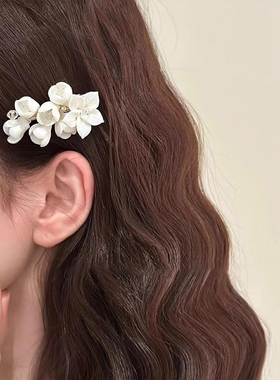 法式白色茉莉花朵发夹女小众发卡女高级感洋气时尚气质侧边夹发饰