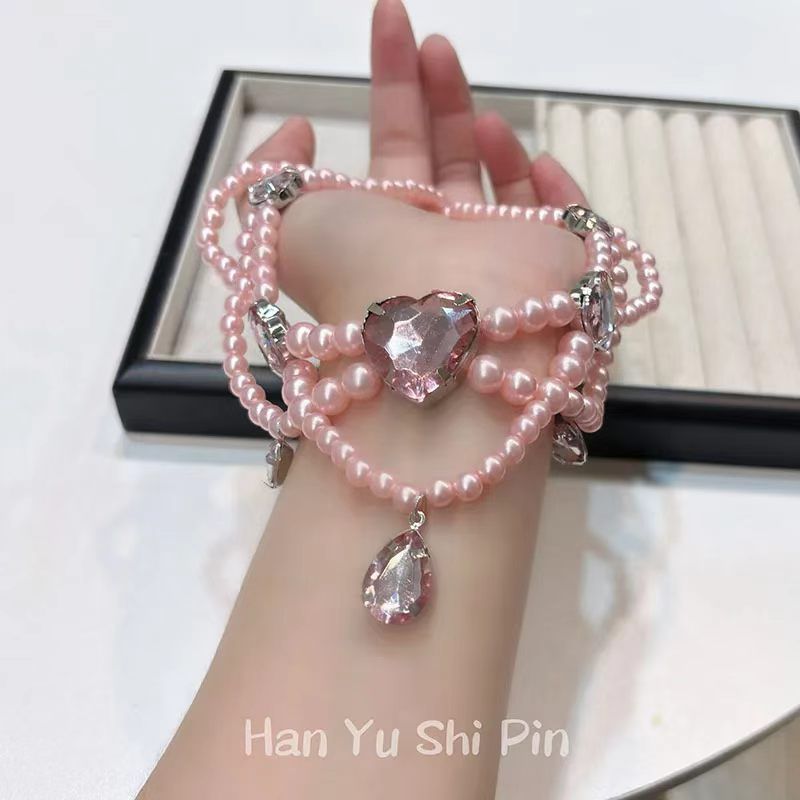 公主系粉色爱心串珠项链古早姬系甜美锁骨链浪漫少女心多层颈链