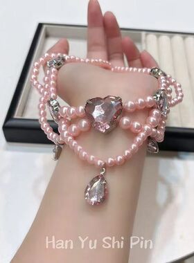 公主系粉色爱心串珠项链古早姬系甜美锁骨链浪漫少女心多层颈链