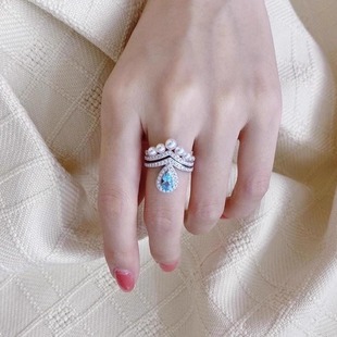 镶钻珍珠蓝色戒指女叠戴约瑟芬套戒爱加冕开口食指戒气质百搭款