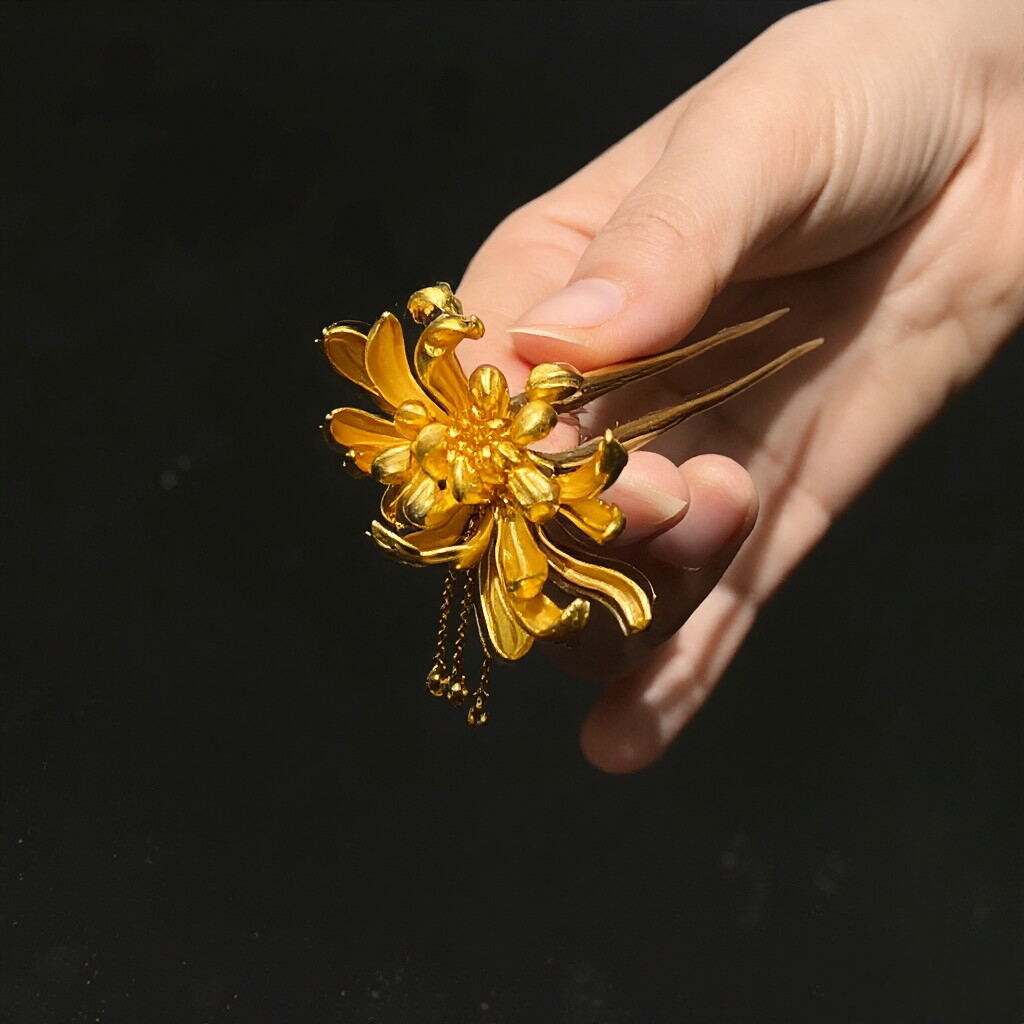 新中式菊花鎏金流苏步摇发簪