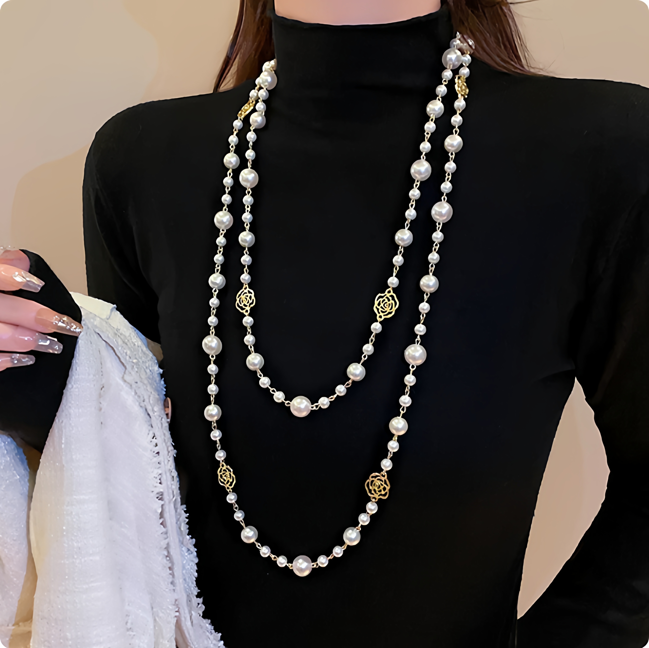 韩国气质感长款珍珠项链女时尚小香风多层镂空玫瑰花毛衣链潮轻奢
