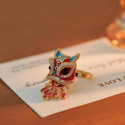 招财醒狮戒指耳钉项链女轻奢高级感滴釉中古复古个性时尚耳坠国风