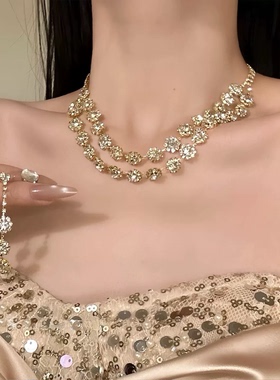 香槟爆闪满钻轻奢晚宴项链套装