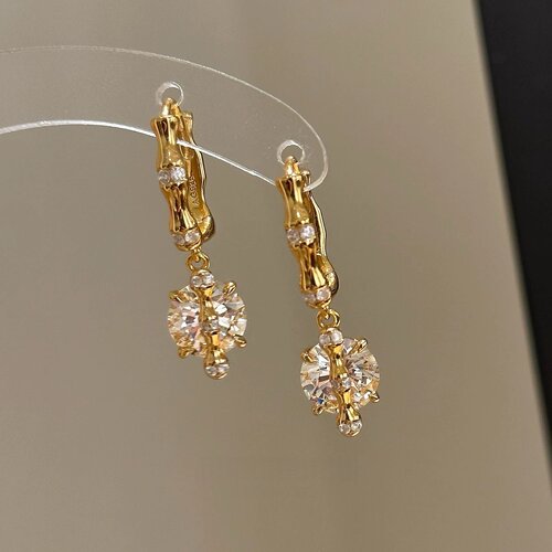 新中式金色竹节单钻耳扣女款轻奢小众设计高级感耳环爆闪气质耳饰