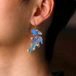 年年有余古法烧蓝仿点翠锦鲤耳环女新中式复古民族风珍珠汉服耳饰