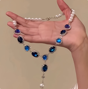 法式轻奢蓝色宝石项链女千金风晚宴礼服锁骨链耳环珍珠镶钻颈链女