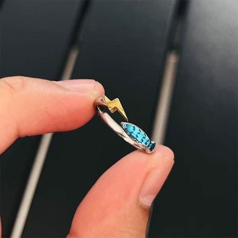 闪电蓝色小鱼戒指情侣ins风