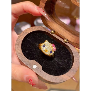 黄金色可爱卡通满钻Hellokitty项链女戒指套装甜美风凯蒂猫锁骨链