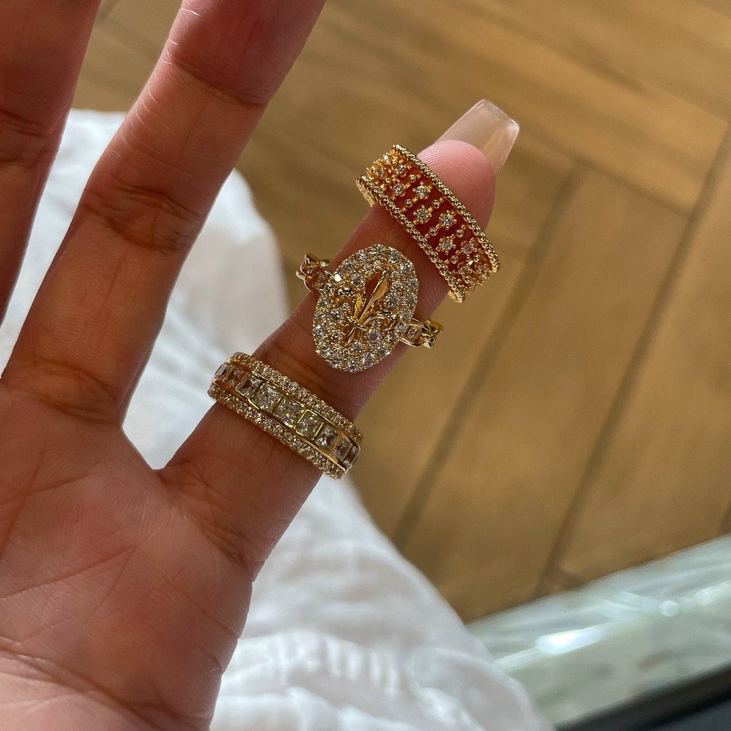 vintage叠戴华丽重工金排钻戒指爆闪老钱风食指戒高级感贵气秋冬