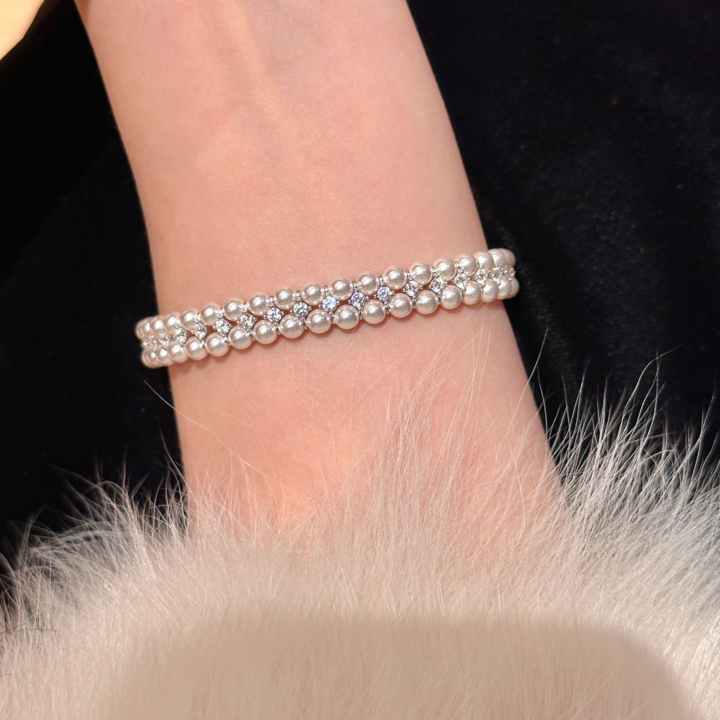 几何方扣双排手链女小众高级感闪钻多层气质串珠镶钻珍珠手串礼物