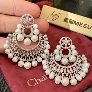 波西米亚复古珍珠锆石耳环女高级感显脸小民族风流苏夸张礼服耳坠