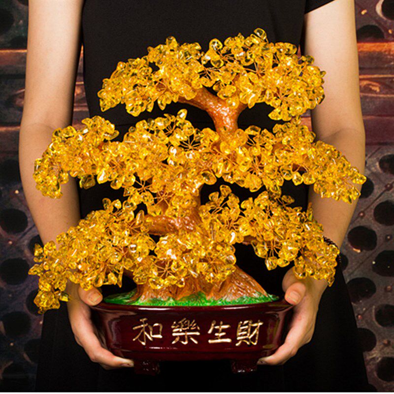 天然水晶招财树黄水晶摇钱树 创意居酒柜饰品 和乐生财