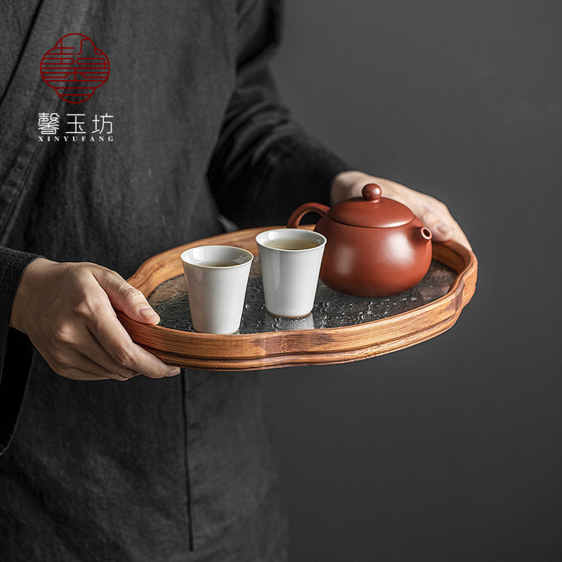 复古海棠花玻璃茶托盘日式竹制泡茶盘水果茶点盘桌上收纳盘茶奉