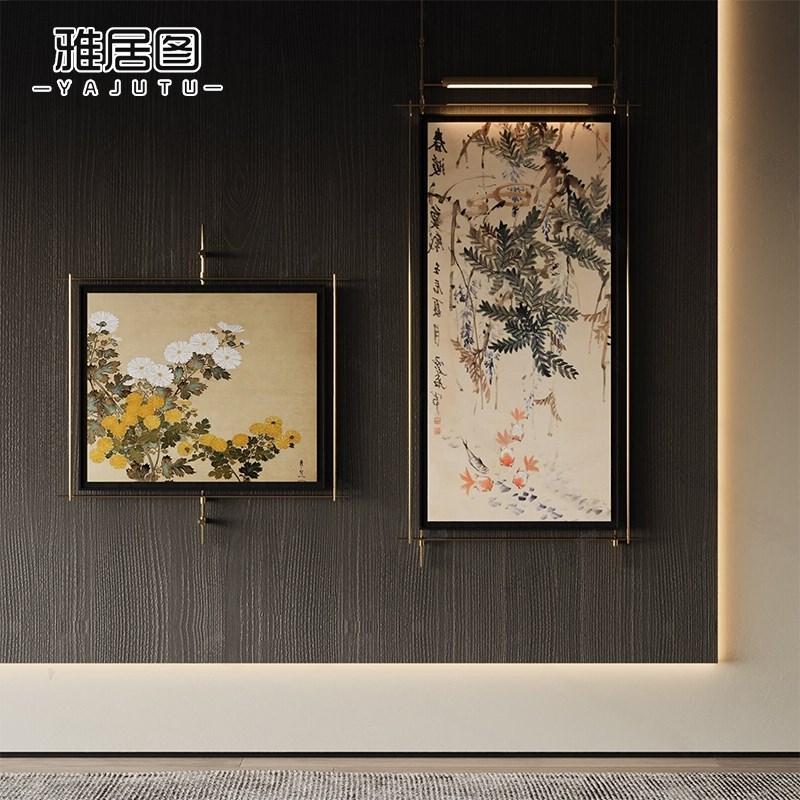 新中式高级感酒店别墅金属吊杆装饰灯画入户玄关茶室禅意壁挂墙饰图片
