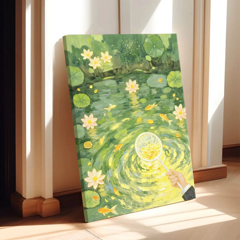 中古奶油风荷影金池手绘油画客厅餐厅装饰画玄关荷花暖色挂画图片