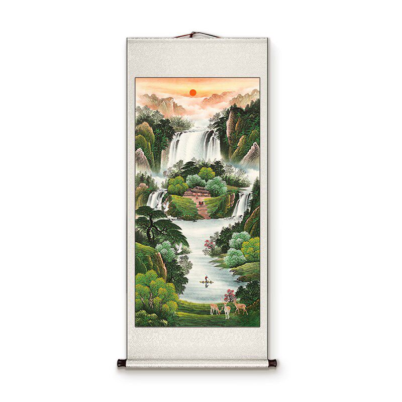 流水生财山水风景画新入户玄关装饰画正对门书房茶室卷轴挂画