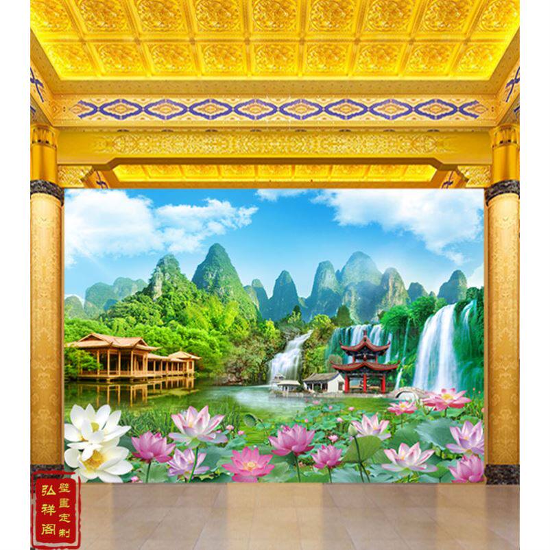 聚宝盆荷壁八方聚财佛堂客厅墙布饰画瀑布山水画自粘壁画