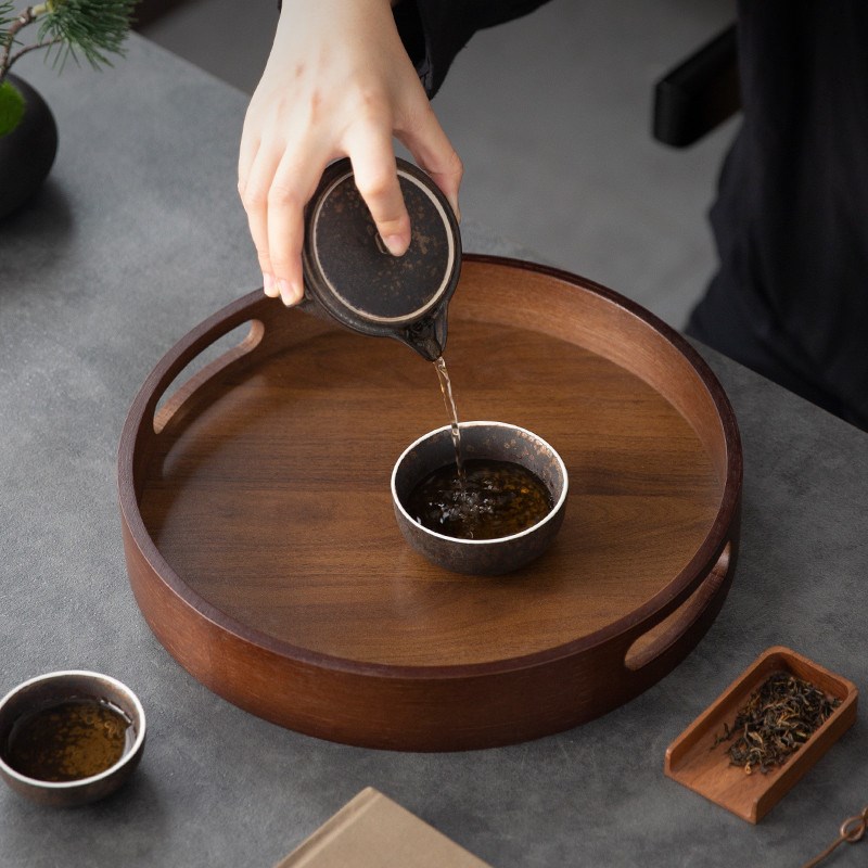 手提实木托盘圆形日式茶盘餐盘咖啡厅甜品盘收纳盘蛋糕盘点心木盘