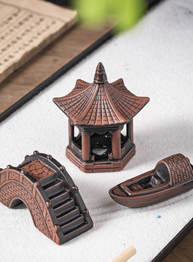 古风六角小亭子古桥小船微景观小造景假山鱼缸饰品