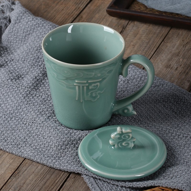 青瓷办公室茶杯马杯带盖茶具杯子男生龙泉