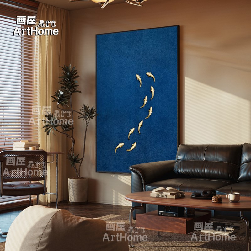 宋式美学九鱼图客厅玄关装饰画壁画法式复古走廊过道中古风挂画图片