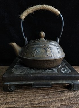 天然黑青石雕刻圆形四方壶承杯垫宝贝底座复古怀旧工艺品实用收藏