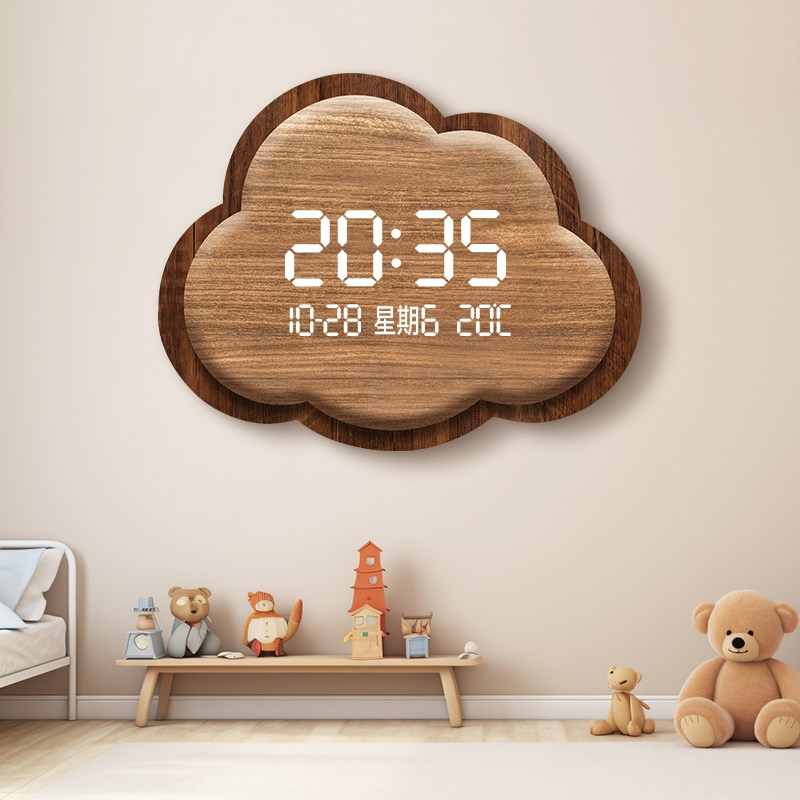 新款云朵客厅创意装饰电子钟挂钟祥云装饰画家用钟奶油风时钟