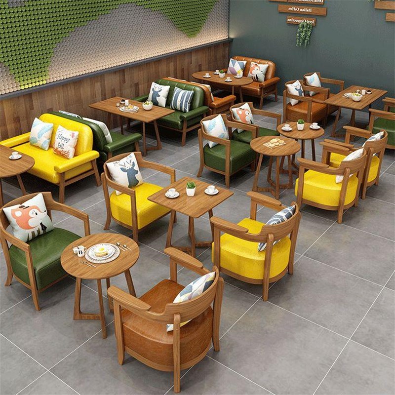 咖啡厅桌椅组合奶茶店实木沙发洽谈休闲书屋办公休息区双人沙发