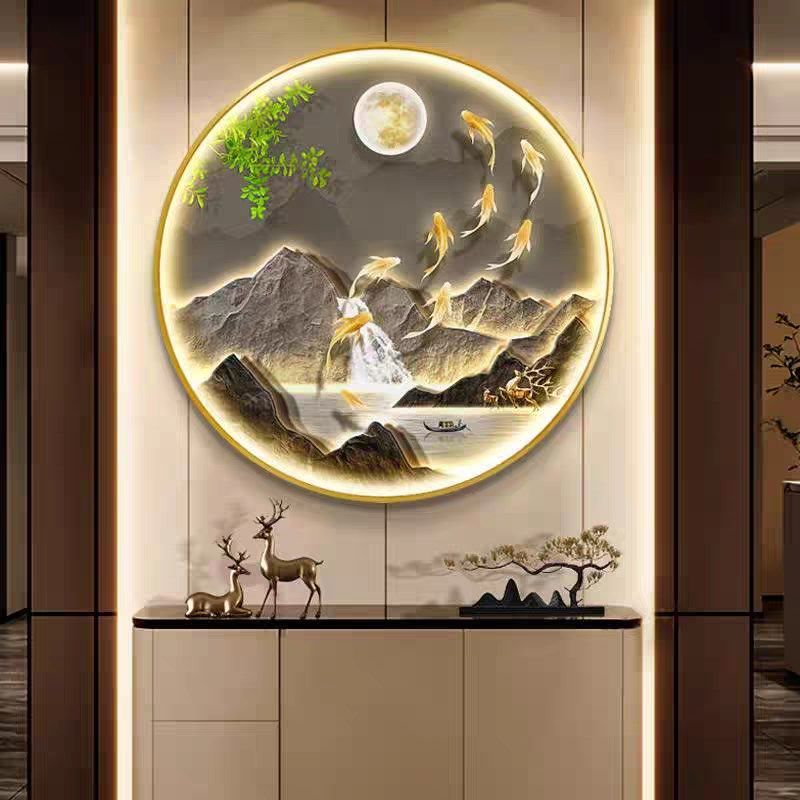 玄关装饰画高级感带灯大气山水画客厅挂画寓意好圆形壁画流水生财