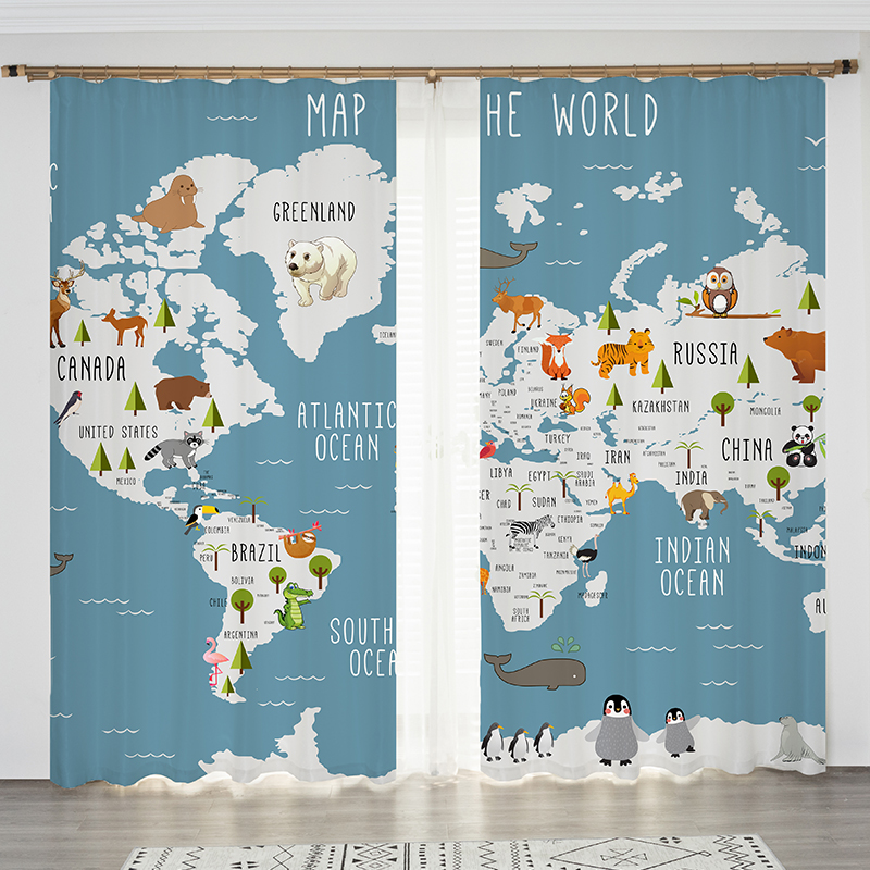 定制创意卡通地图儿童房男孩卧室书房学校教室早教中心遮光窗帘布