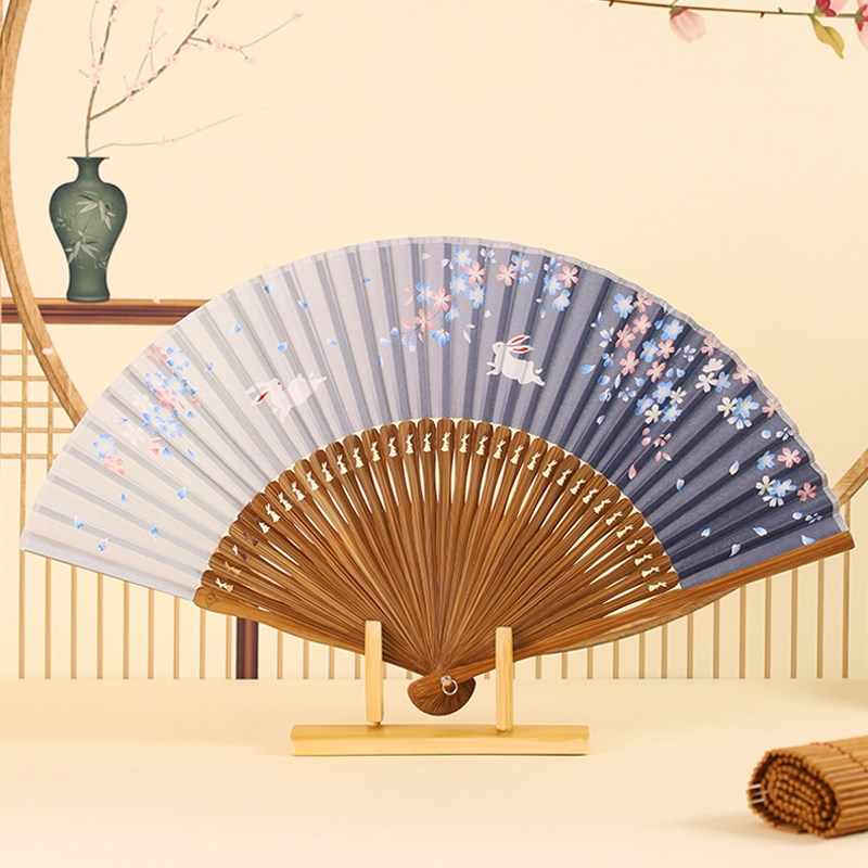 Fan风度玉兔折扇丝绸全竹古风国风文创送礼折叠扇子苏扇定制新款