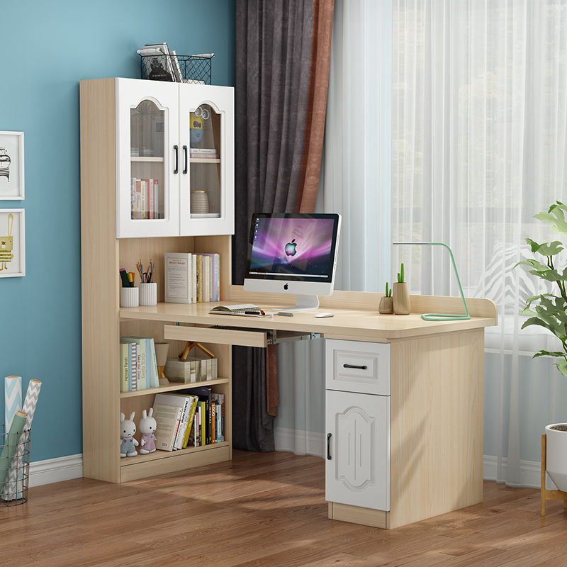 实木转角书桌书柜组合学生家用学习桌书桌带书架台式电脑一体桌