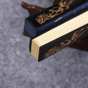 飞炽 上新9.寸方黑玉竹折扇手工雕刻扇子配苏工真金扇面送扇盒
