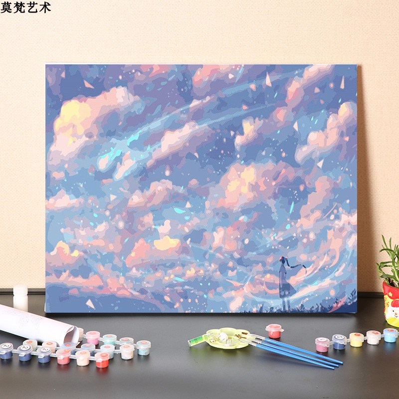 油画手工制作填充星空美景风景画手绘涂色丙烯油彩画