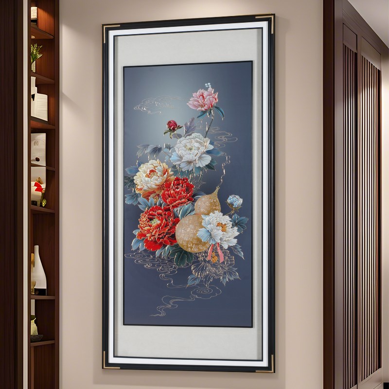 手工铜板五福装饰画高档入户玄关挂画新款走廊过道牡丹葫芦铜雕画图片