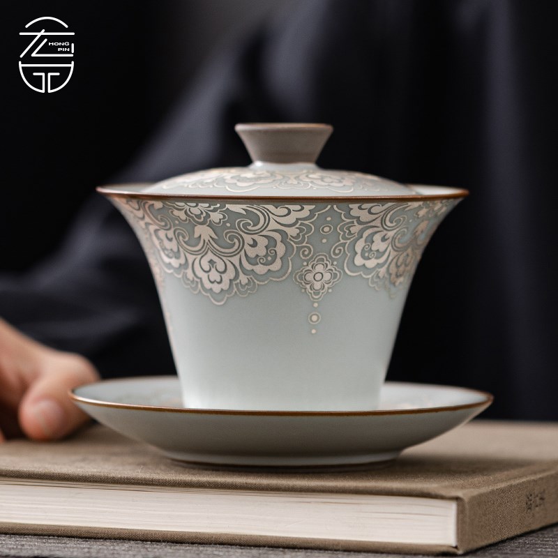 大师汝窑如意掐丝银悬才盖碗功夫泡茶器防烫手敬茶碗