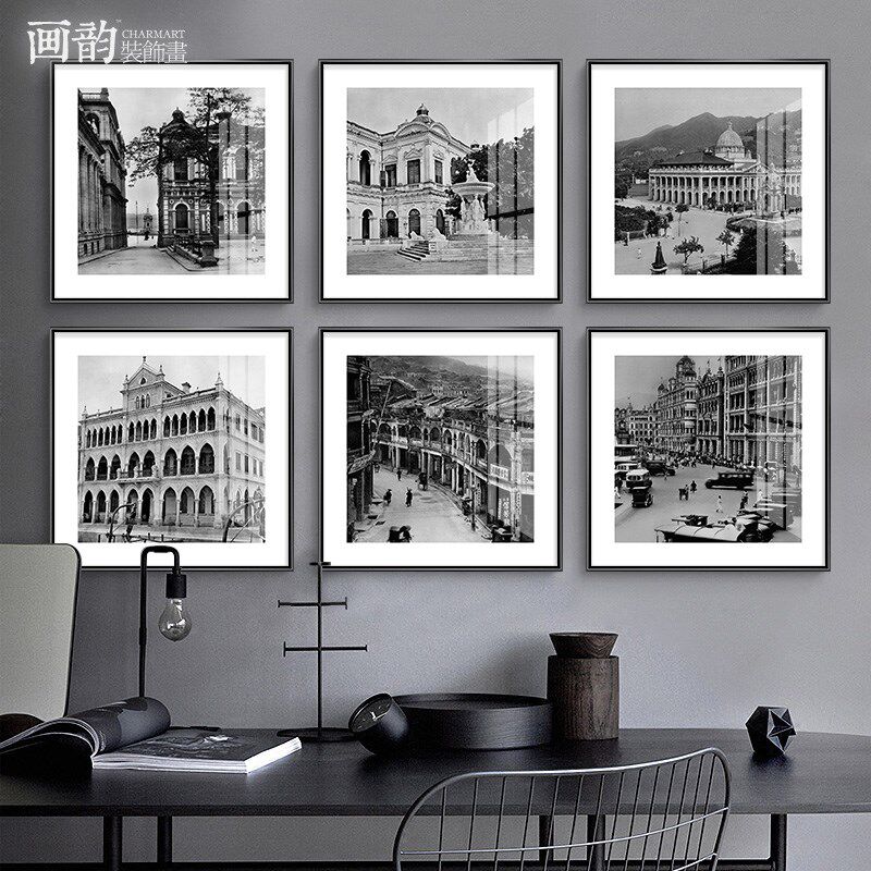 老上现代黑白复古照片饰画怀旧街景挂画框画端晶瓷画