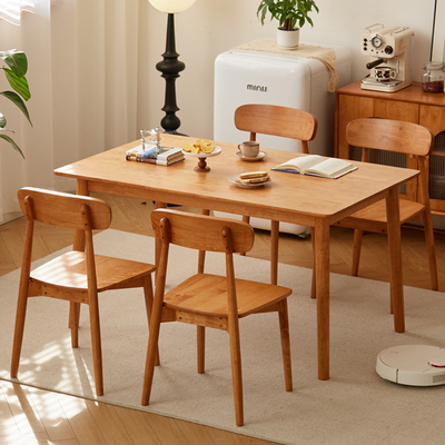 青藤实木餐桌长凳樱桃木色长方形书桌小户型饭桌餐椅
