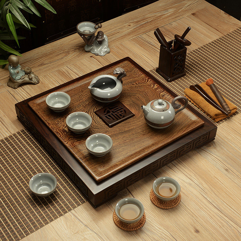 整块鸡翅木茶盘紫砂茶具哥窑茶壶实木茶方石茶台
