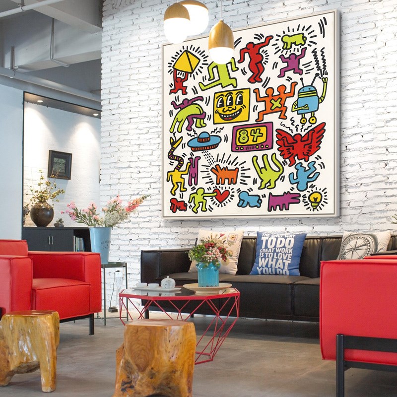 艺术大师哈林涂鸦前卫波普潮抽象风格咖啡厅客厅装饰画背景墙挂画