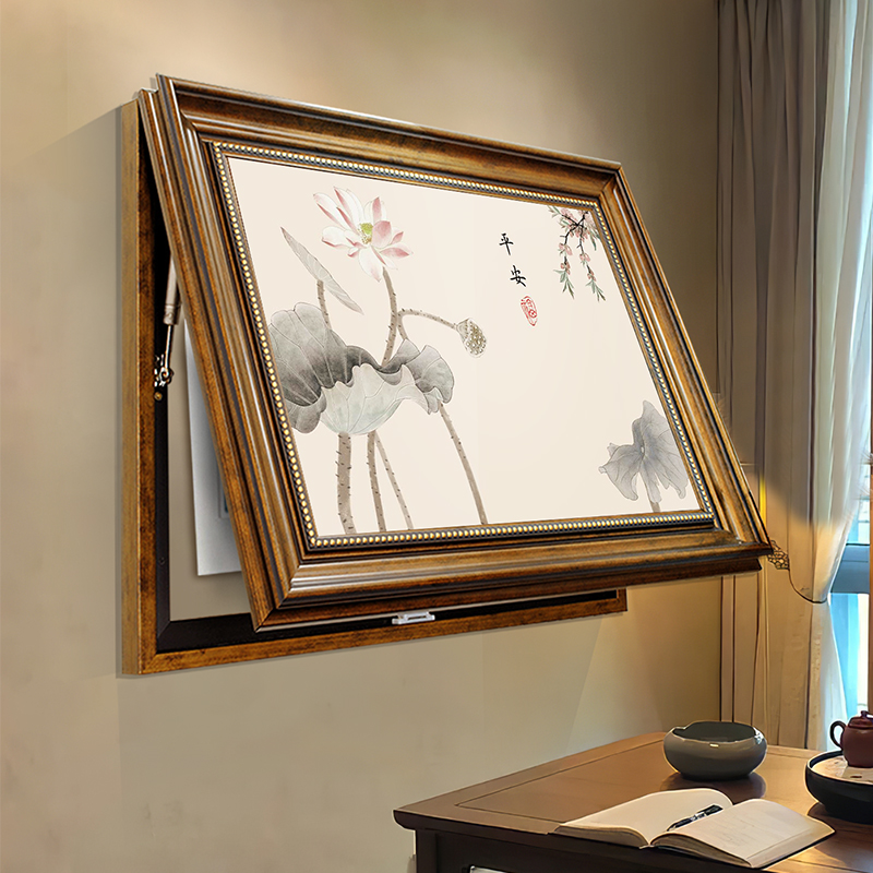 新中式电表箱装饰画配电箱遮挡挂画免打J孔复古国风荷花电表盒壁图片