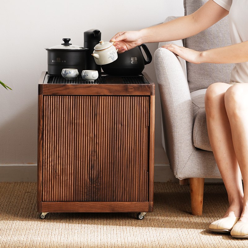 北美黑胡桃木沙发边几实木茶水柜移动茶桌茶车茶台烧水一体泡茶台