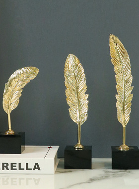 中式轻奢合金水晶羽毛装饰摆件创意金色家居客厅装饰金属工艺品厂