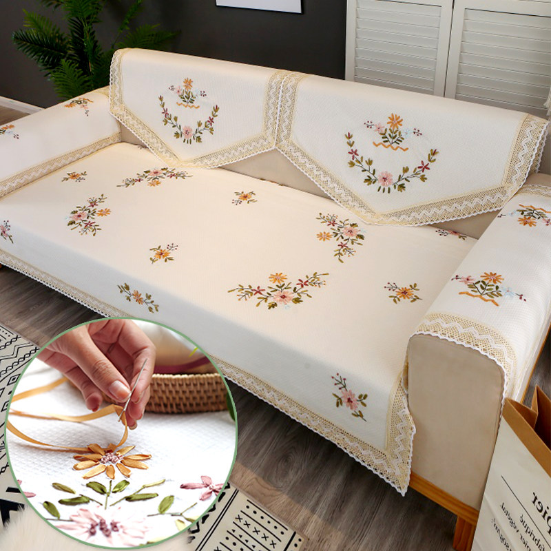 刺绣沙发巾靠背巾白色盖布四季通用现代棉麻布艺扶手巾单人巾
