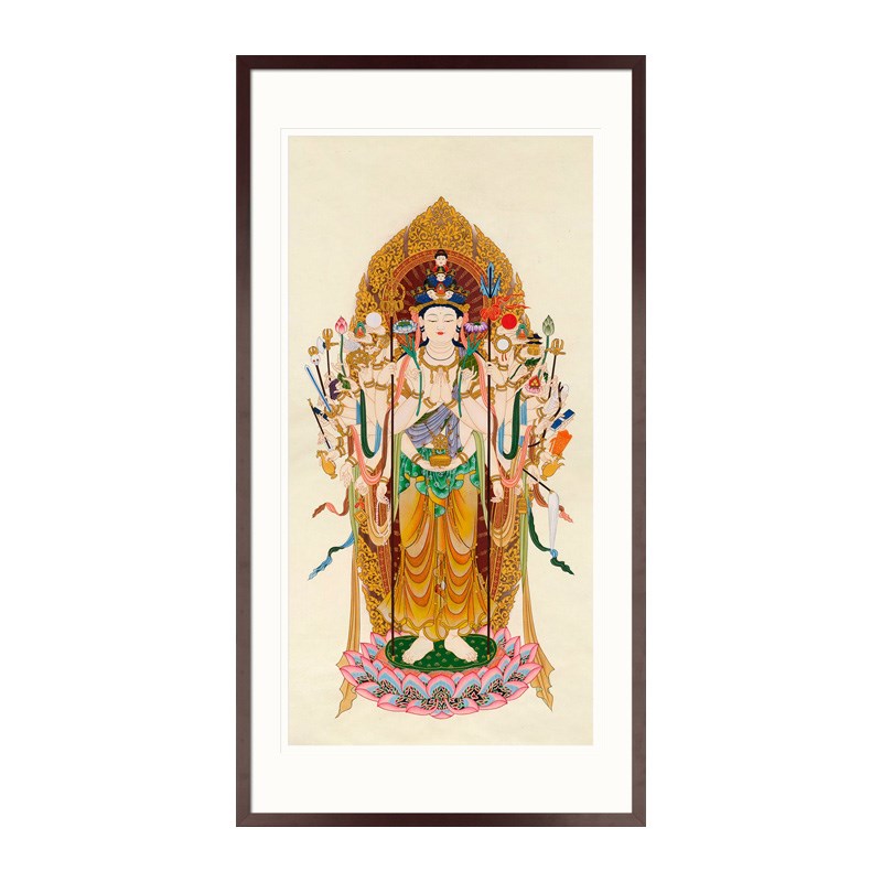 工笔唐卡人物国画千手千眼观音菩萨画像书房玄关中式挂画卷轴画框